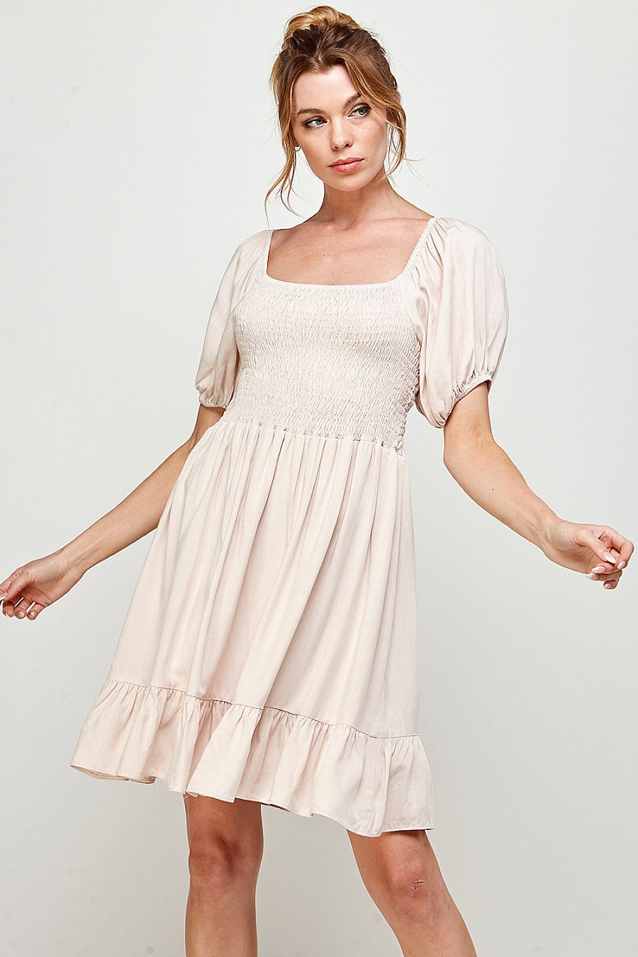 Cocktail Dresses Short Puff Sleeve Square Neck Mini Dress Oatmeal