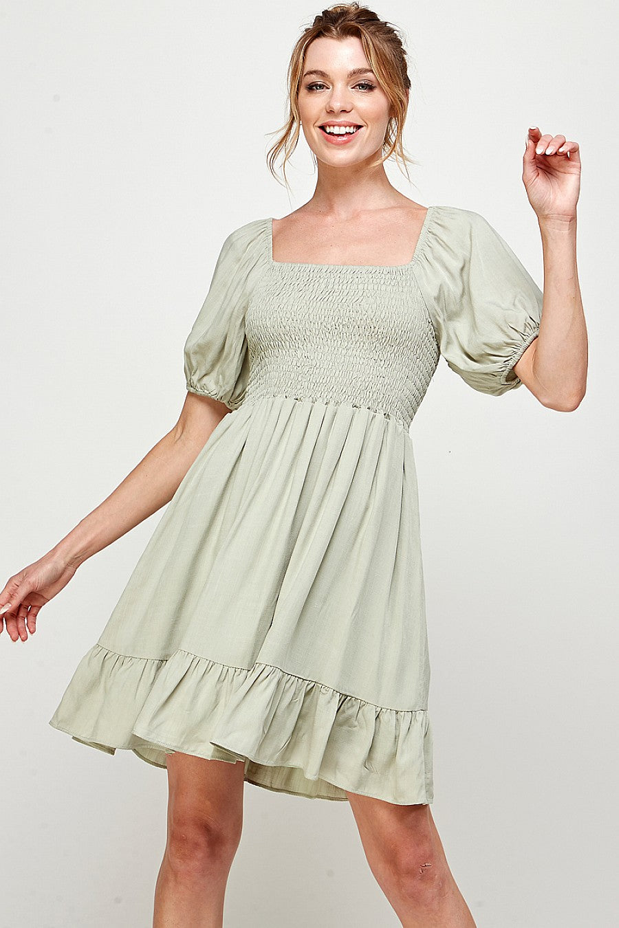 Cocktail Dresses Short Puff Sleeve Square Neck Mini Dress Sage