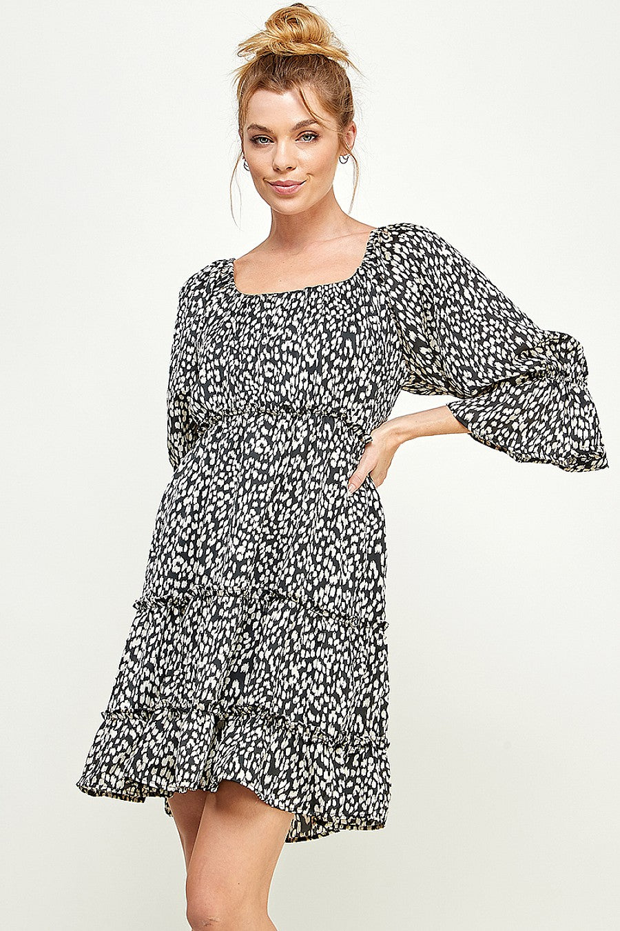 Cocktail Dresses Short 3/4 Sleeve Printed Satin Dress Black/White