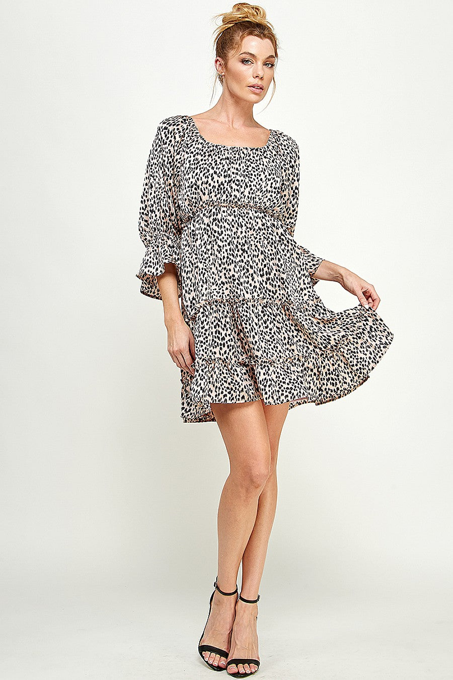 Cocktail Dresses Short 3/4 Sleeve Printed Satin Dress Taupe/Black