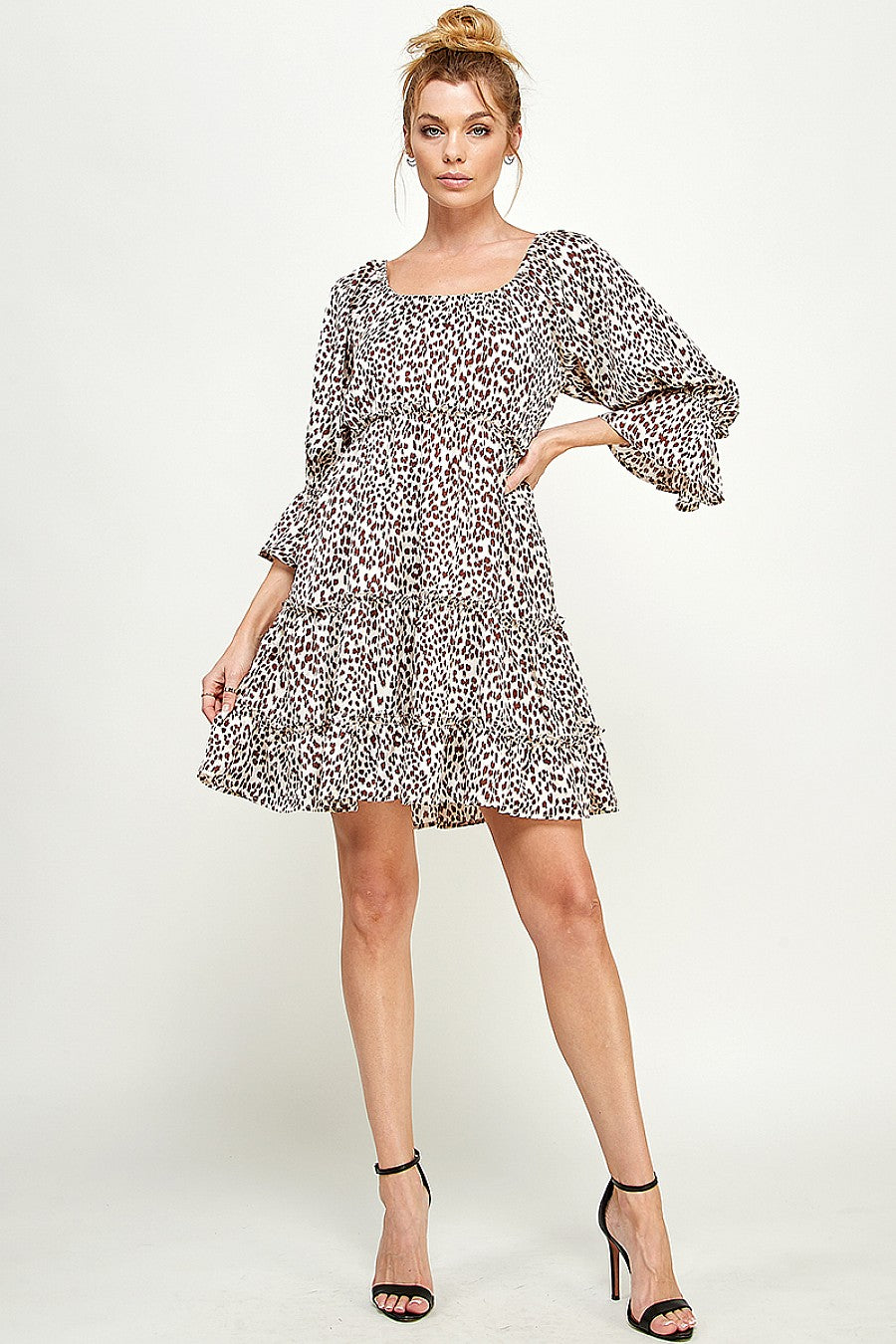 Cocktail Dresses Short 3/4 Sleeve Printed Satin Dress White/Cognac