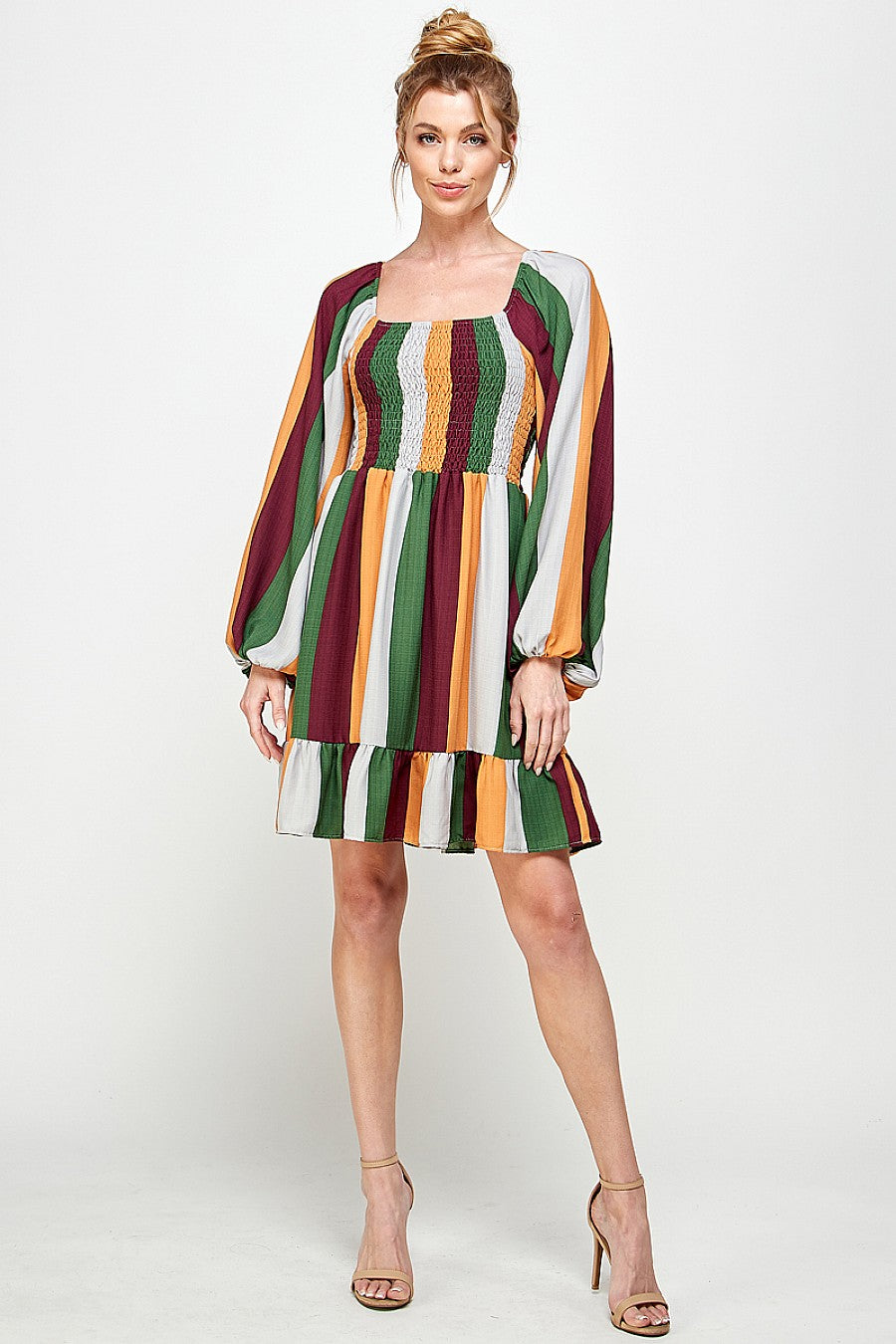 Cocktail Dresses Long Sleeve Square Neck Stripe Short Dress Green/Mustard