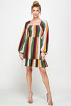 Cocktail Dresses Long Sleeve Square Neck Stripe Short Dress Green/Mustard