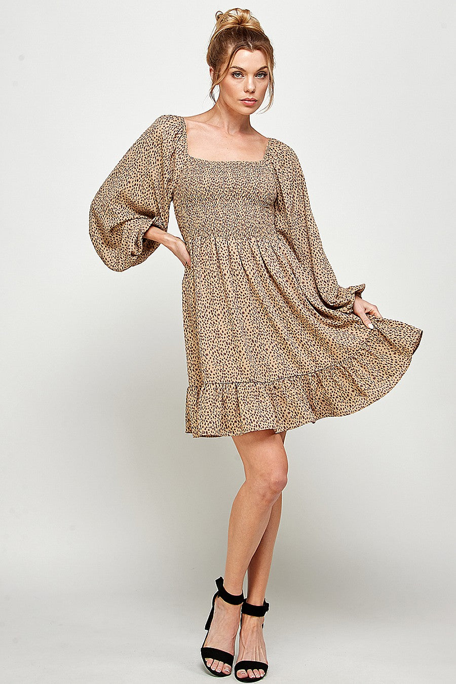 Cocktail Dresses Long Sleeve Cheetah Print Smocked Short Dress Camel