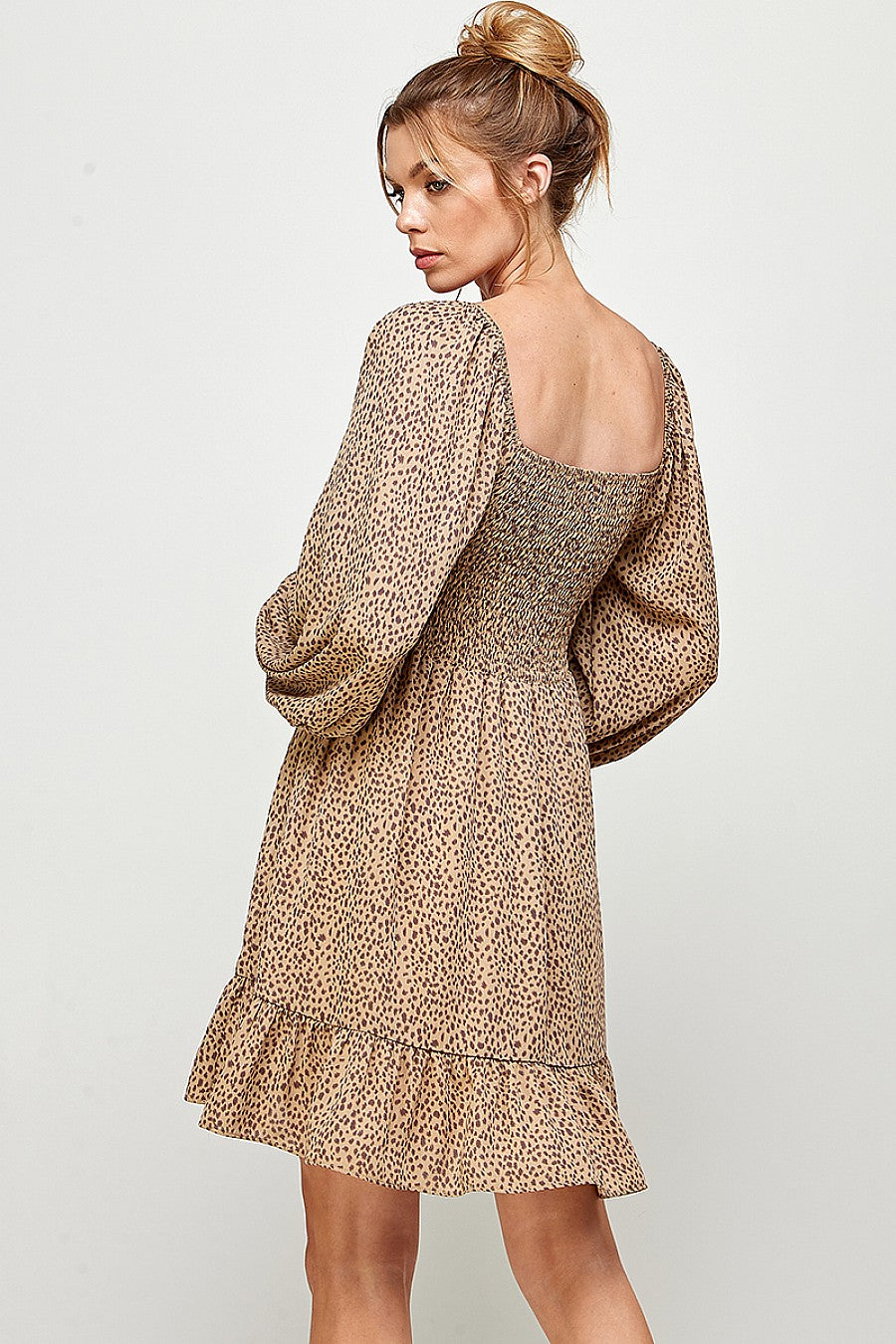 Cocktail Dresses Long Sleeve Cheetah Print Smocked Short Dress Camel