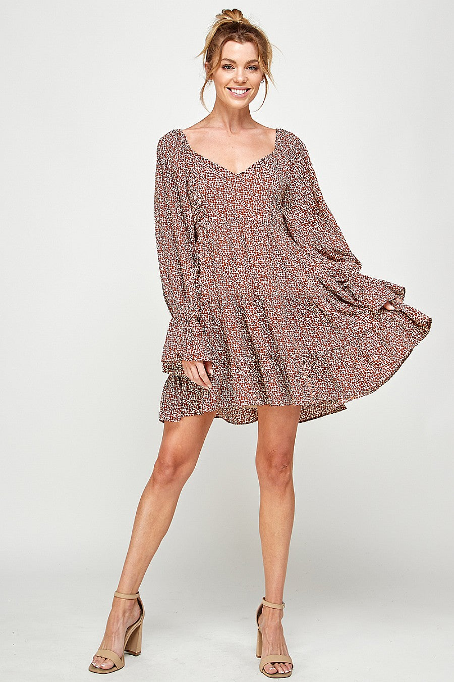 Cocktail Dresses Short Printed Long Sleeve Mini Dress Cognac