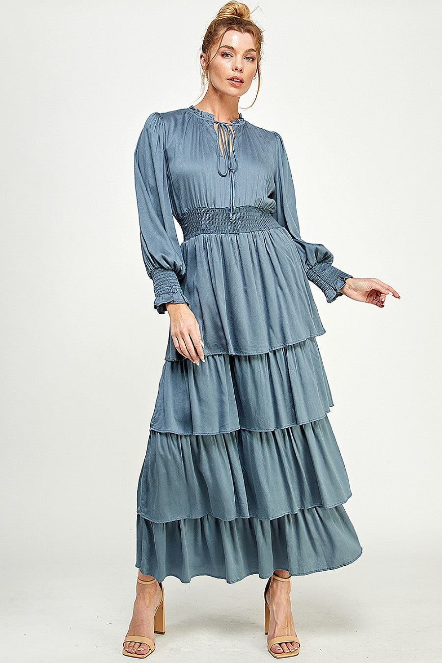 Formal Dresses Long Sleeve Tiered Maxi Dress Slate