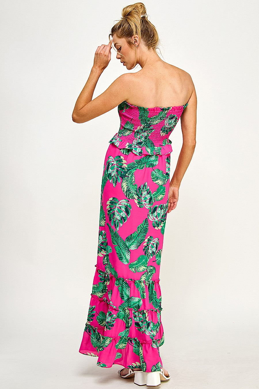 Formal Dresses Long Strapless Floral Tiered Maxi Dress Fuchsia