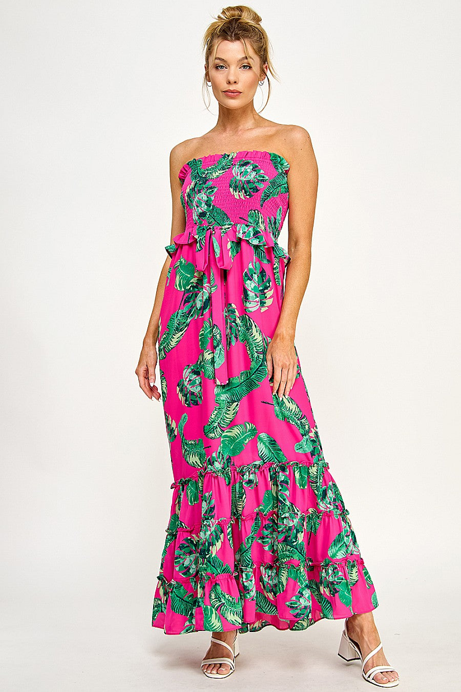 Formal Dresses Long Strapless Floral Tiered Maxi Dress Fuchsia