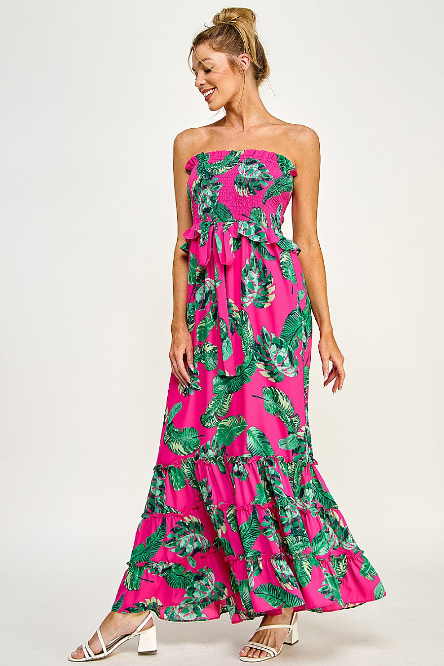 Formal Dresses Long Strapless Floral Tiered Maxi Dress Fuchsia