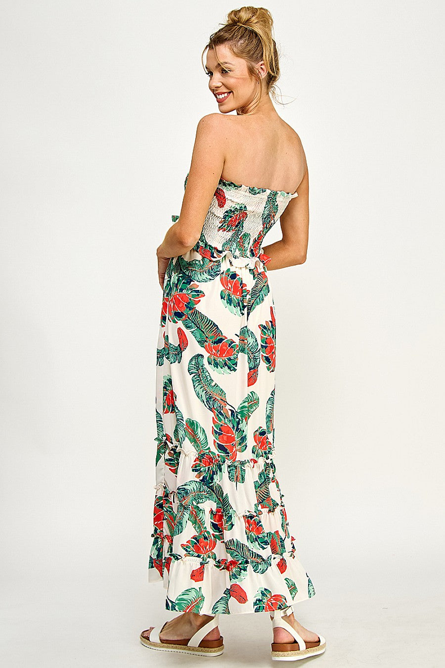 Formal Dresses Long Strapless Floral Tiered Maxi Dress Off White