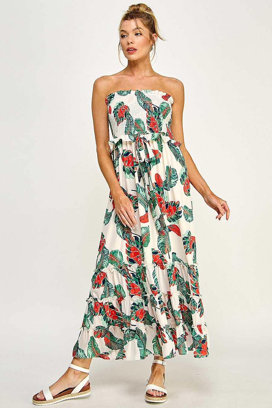 Formal Dresses Long Strapless Floral Tiered Maxi Dress Off White