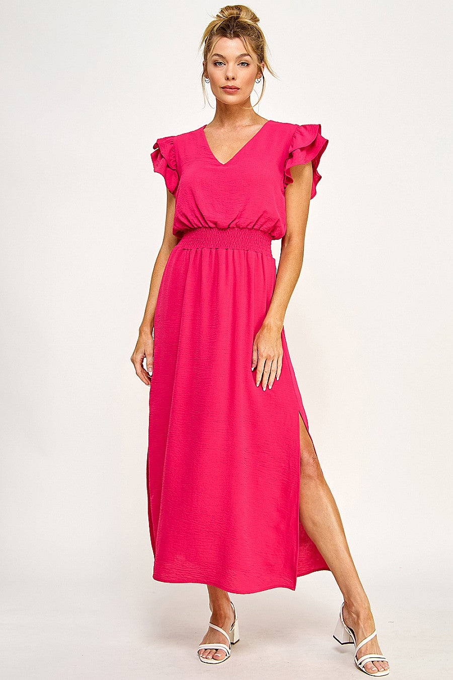 Formal Dresses Long V Neck Side Slit Maxi Dress Fuchsia