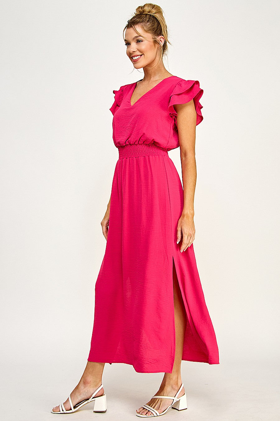 Formal Dresses Long V Neck Side Slit Maxi Dress Fuchsia