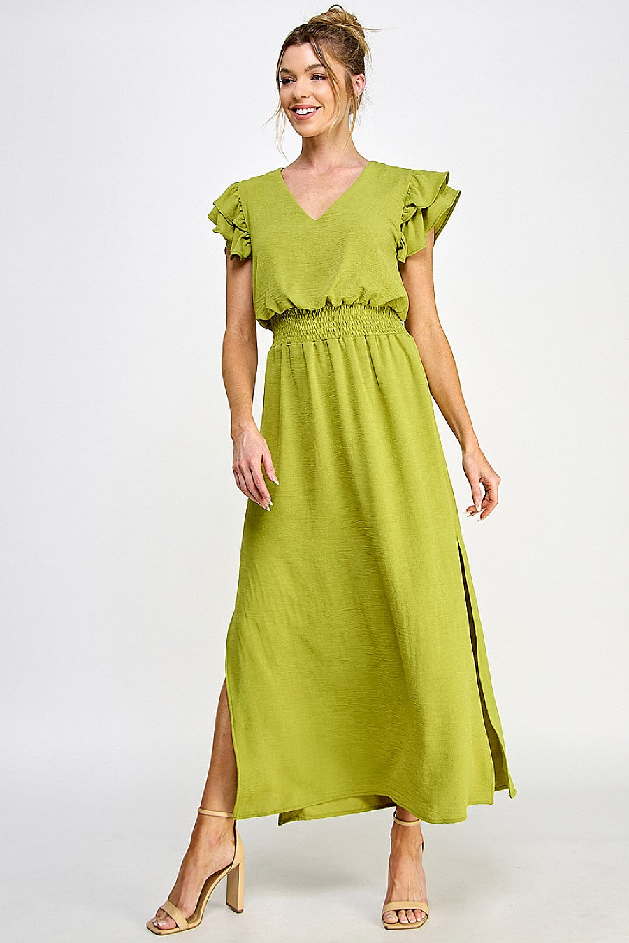 Formal Dresses Long V Neck Side Slit Maxi Dress Green Olive