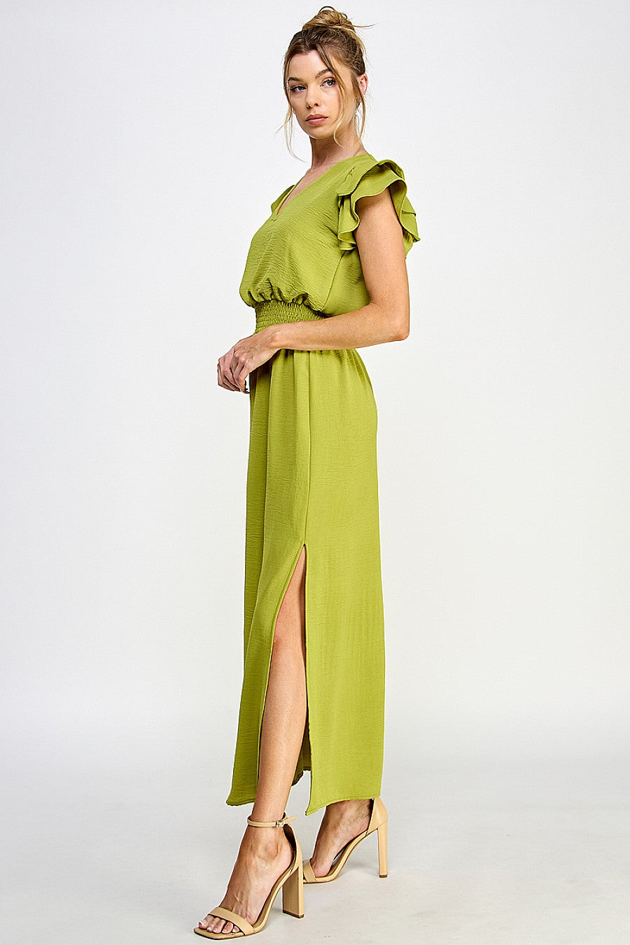 Formal Dresses Long V Neck Side Slit Maxi Dress Green Olive