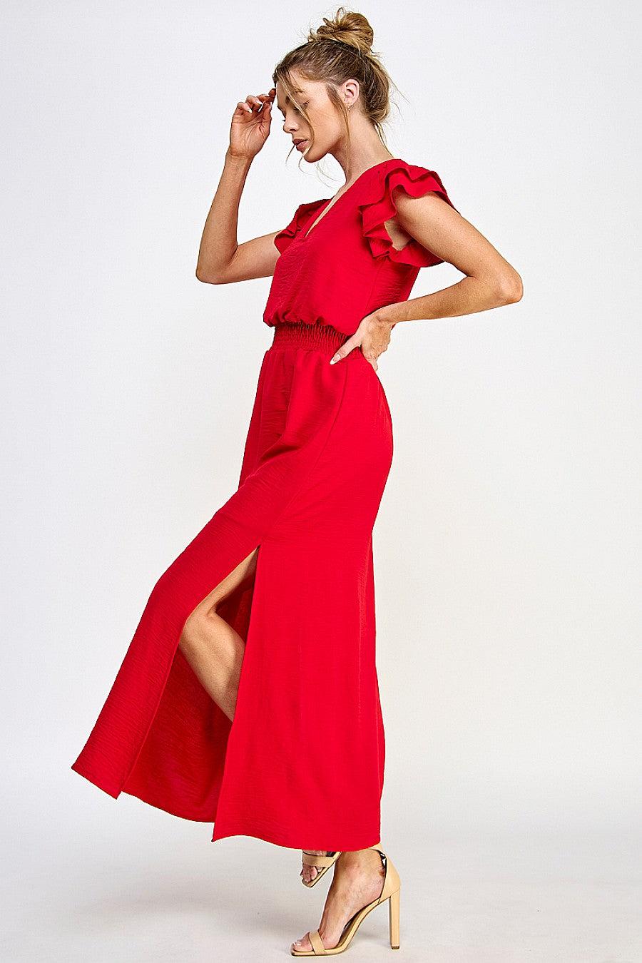 Formal Dresses Long V Neck Side Slit Maxi Dress Red