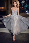 Cocktail Dresses Glitter Strapless Tea Length Dress Silver