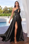 Formal Dresses Long One Shoulder Satin Beaded Lace Trim Dress Black