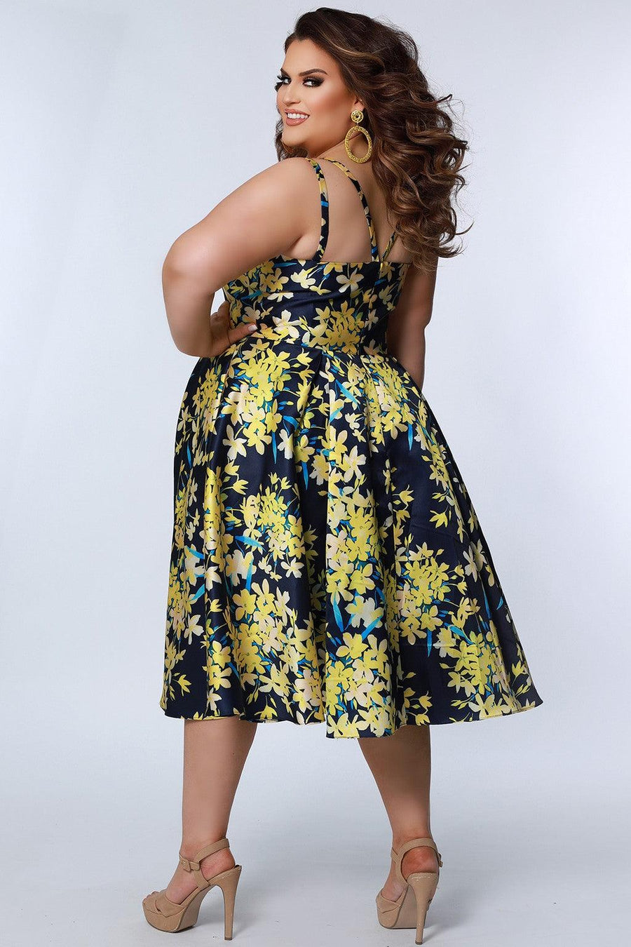 Plus Size Dresses Plus Size Floral Tea Length Dress Yellow Blossom