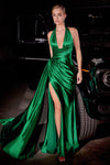 Formal Dresses Long Satin Halter Leg Slit Side Sash Dress Emerald