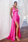 Formal Dresses Long Satin Halter Leg Slit Side Sash Dress Fuchsia