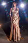 Formal Dresses Long Satin Halter Leg Slit Side Sash Dress Gold