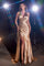 Formal Dresses Long Satin Halter Leg Slit Side Sash Dress Gold