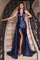 Formal Dresses Long Satin Halter Leg Slit Side Sash Dress Navy