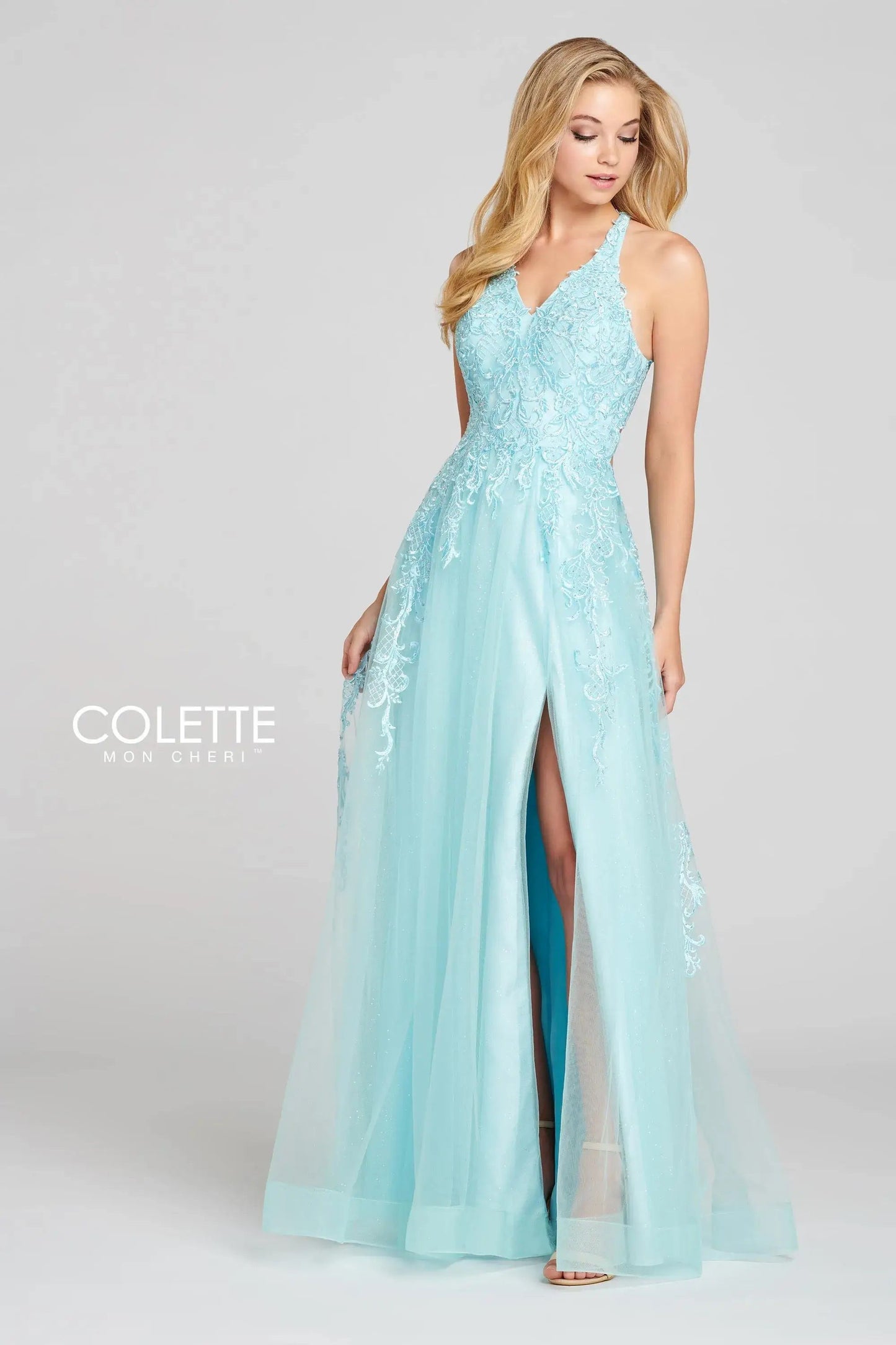 Prom Dresses Glitter Formal Long Halter Prom Dress Aqua