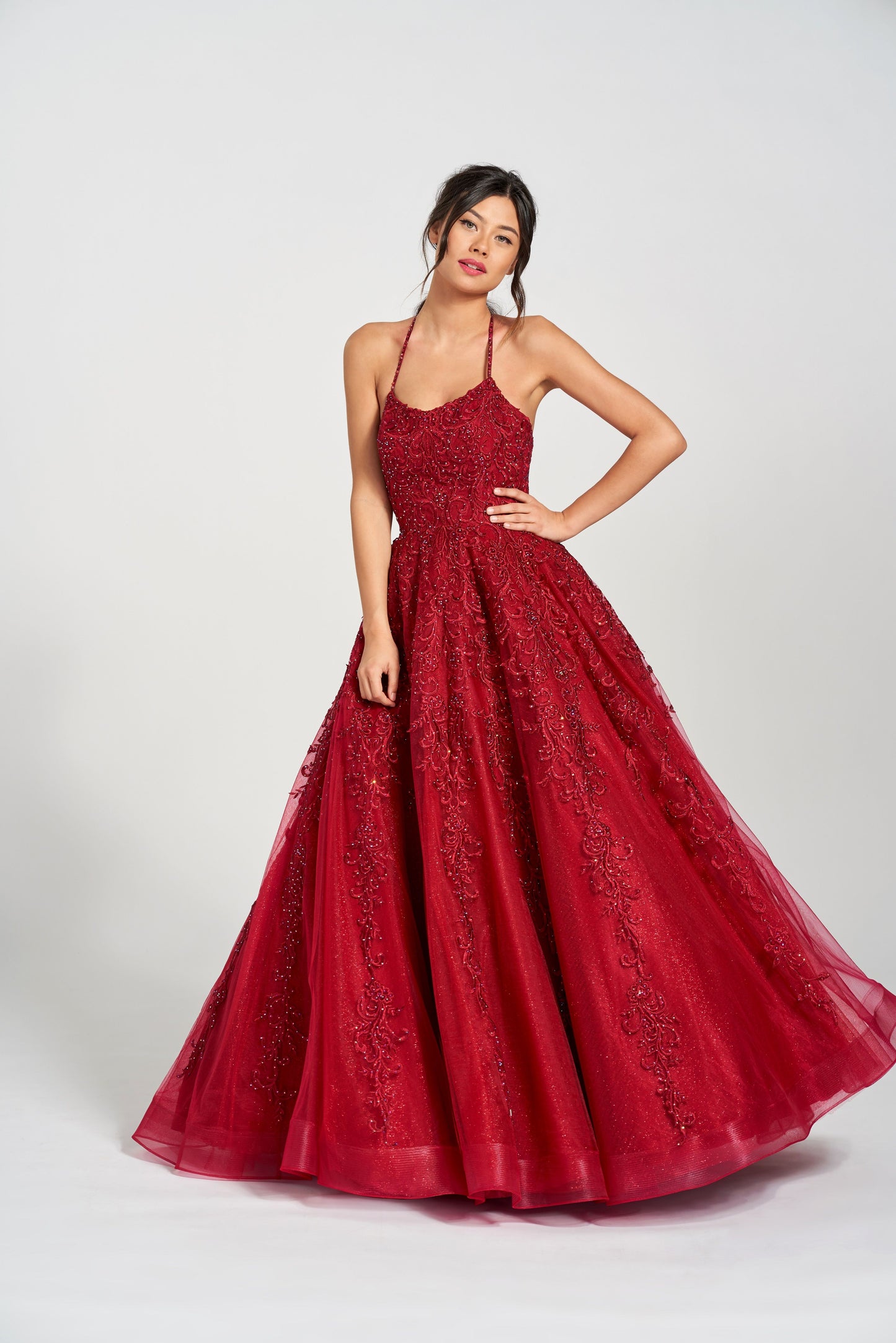 Prom Dresses Halter Formal Prom Beaded Long Dress Crimson