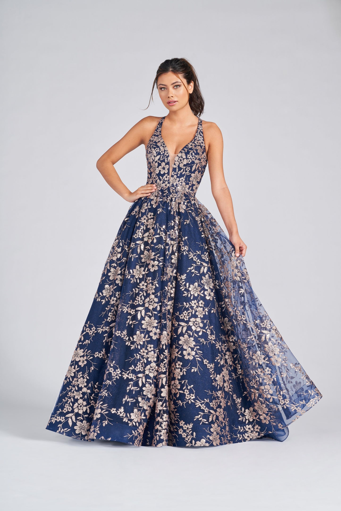 Prom Dresses Formal Prom Floral Long Dress Navy Blue/Gold