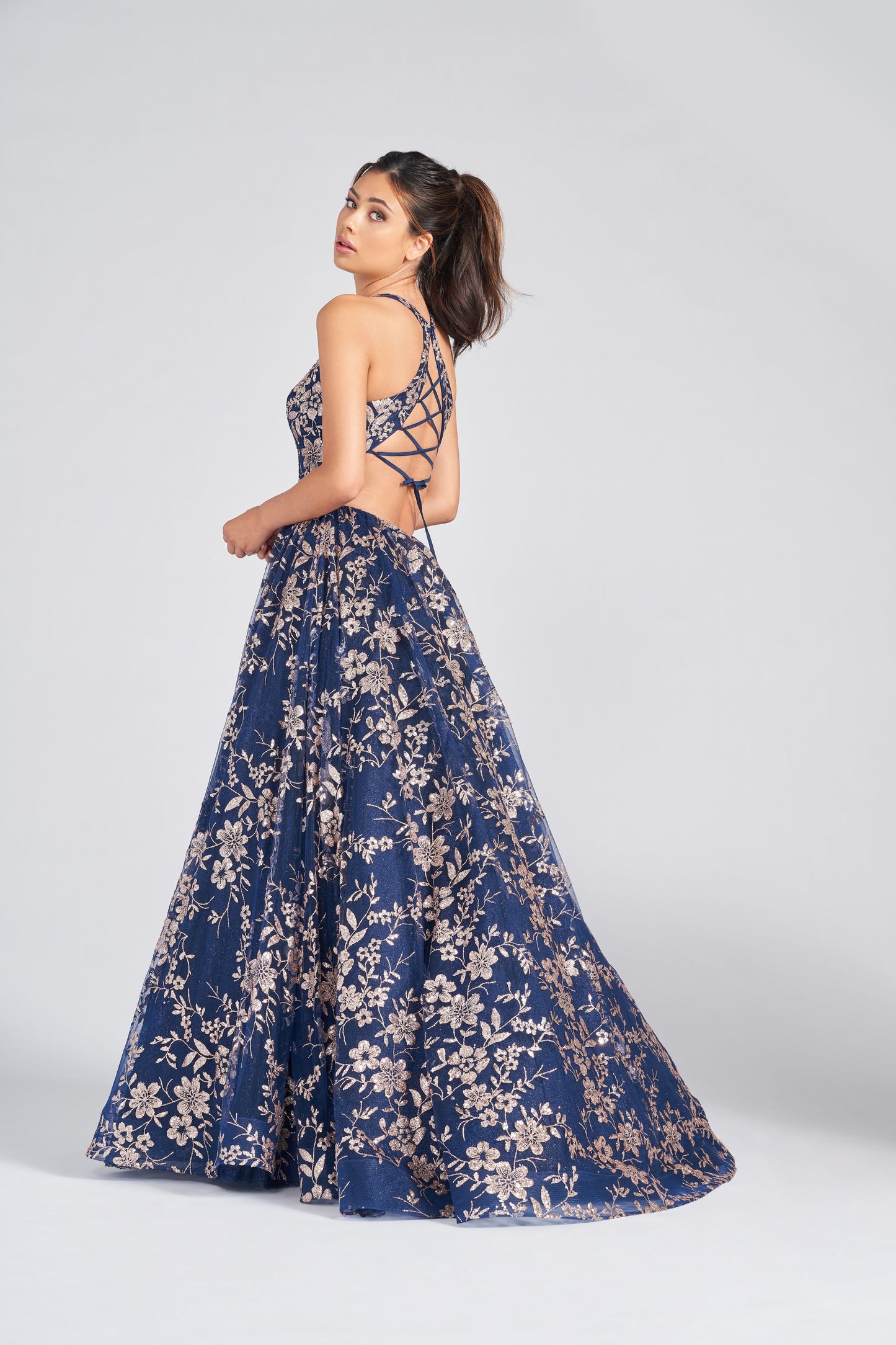 Prom Dresses Formal Prom Floral Long Dress Navy Blue/Gold