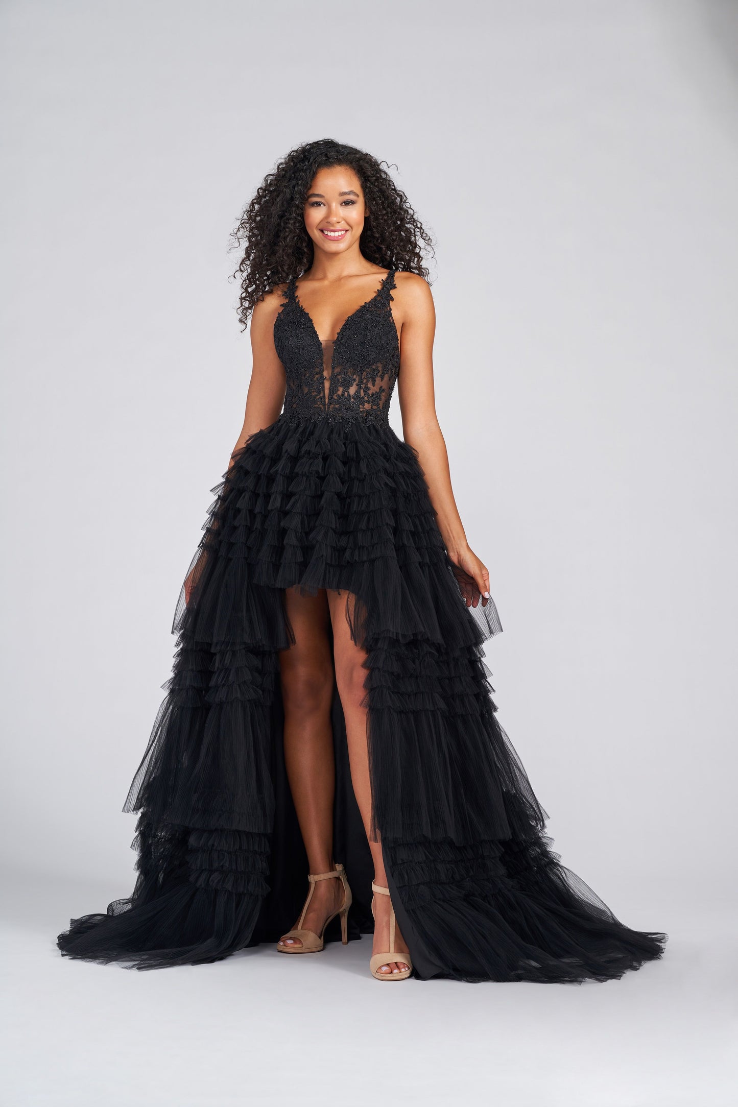 Prom Dresses Ruffle Long Formal High Low Prom Dress Black