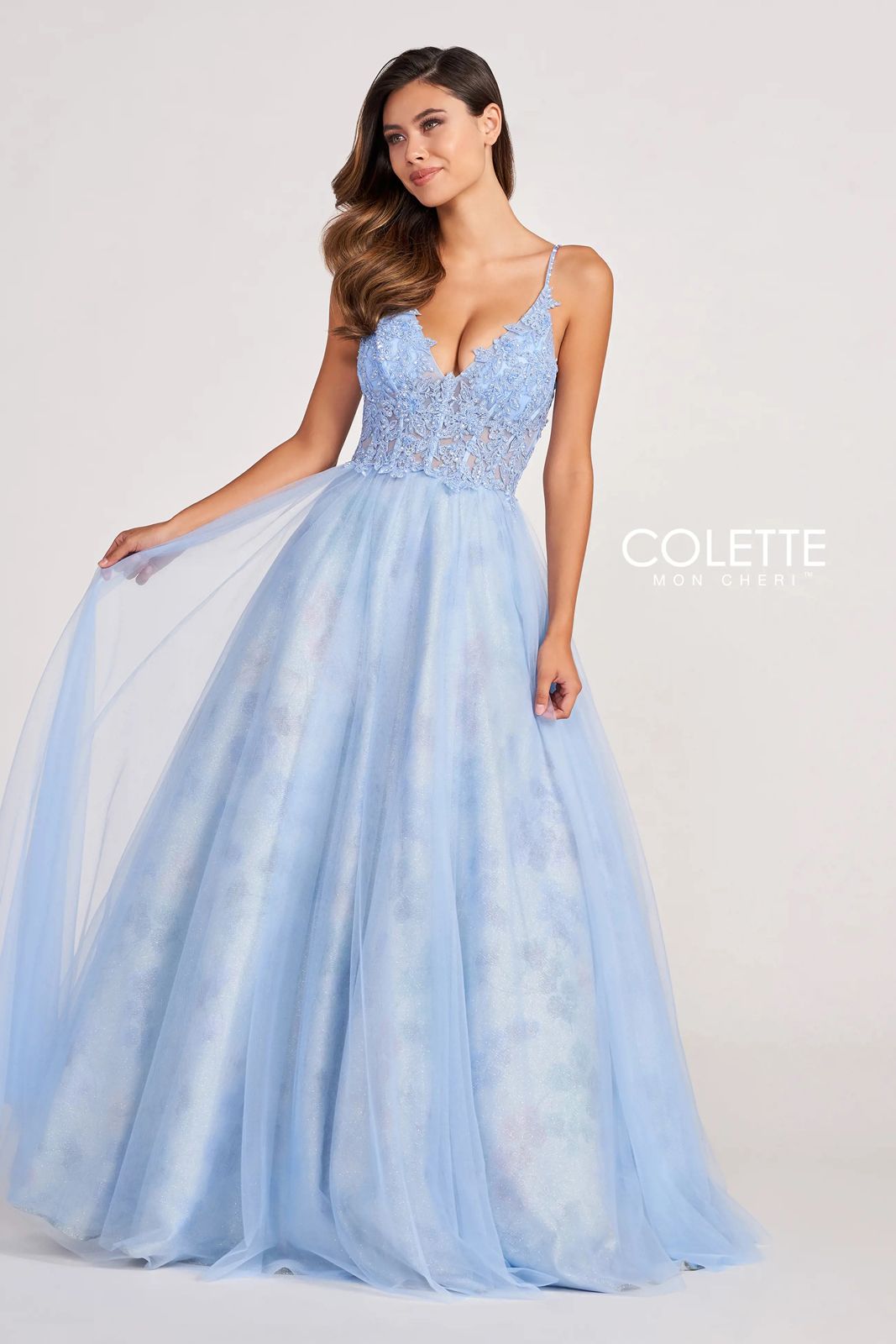 Prom Dresses Glitter Print Long Prom Beaded Formal Ball Gown Light Blue