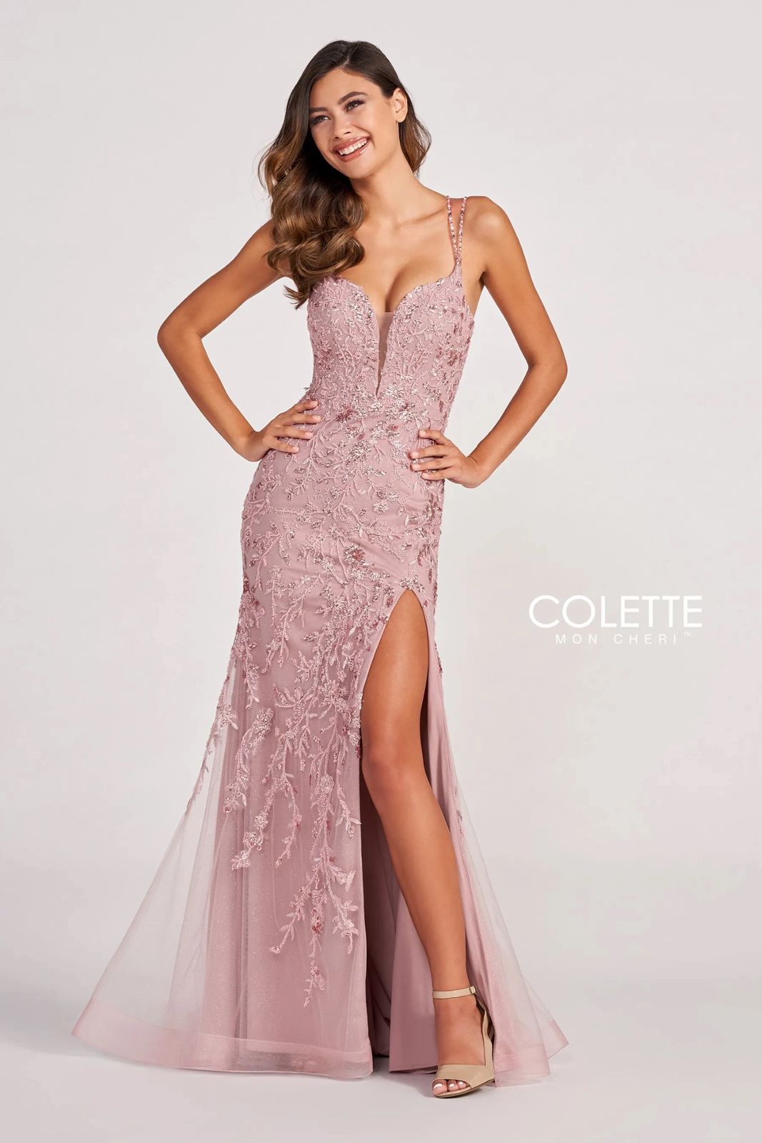 Prom Dresses Beaded Formal Applique Long Prom Dress Dusty Rose