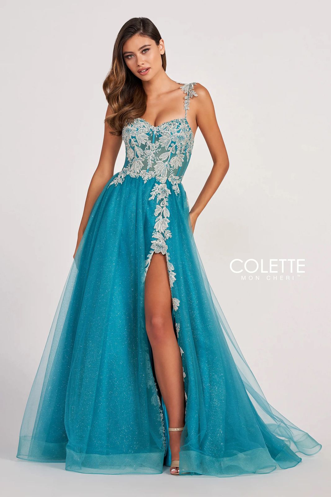 Prom Dresses Glitter Prom Applique Long Formal Ball Gown Turquoise/Silver