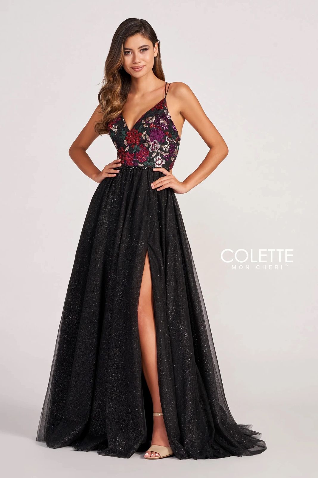 Prom Dresses Floral Sequin Prom Glitter Formal Long Dress Black/Multi