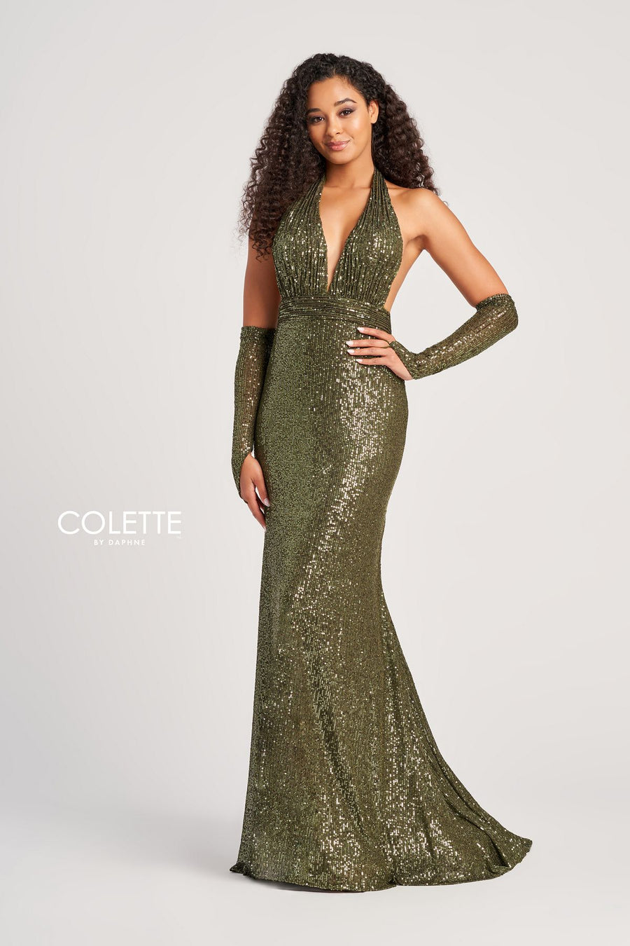 Prom Dresses Sequin Prom Long Halter Formal Dress Olive