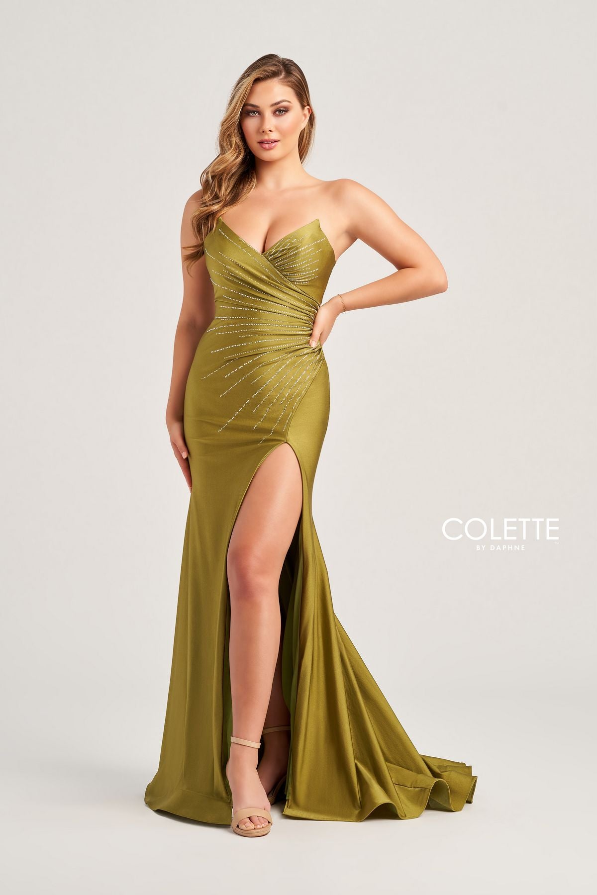 Prom Dresses Fitted Long Formal Stones Prom Dress  Olive