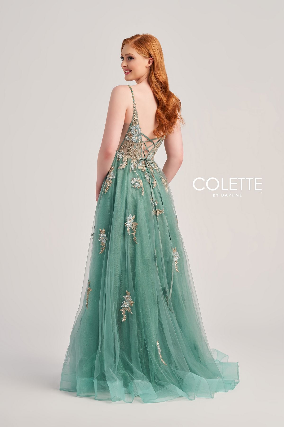 Prom Dresses Floral Applique Long Formal Glitter Prom Dress Sage