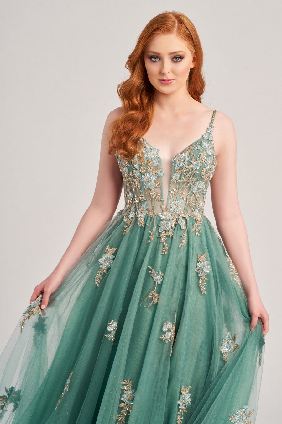 Prom Dresses Floral Applique Long Formal Glitter Prom Dress Sage