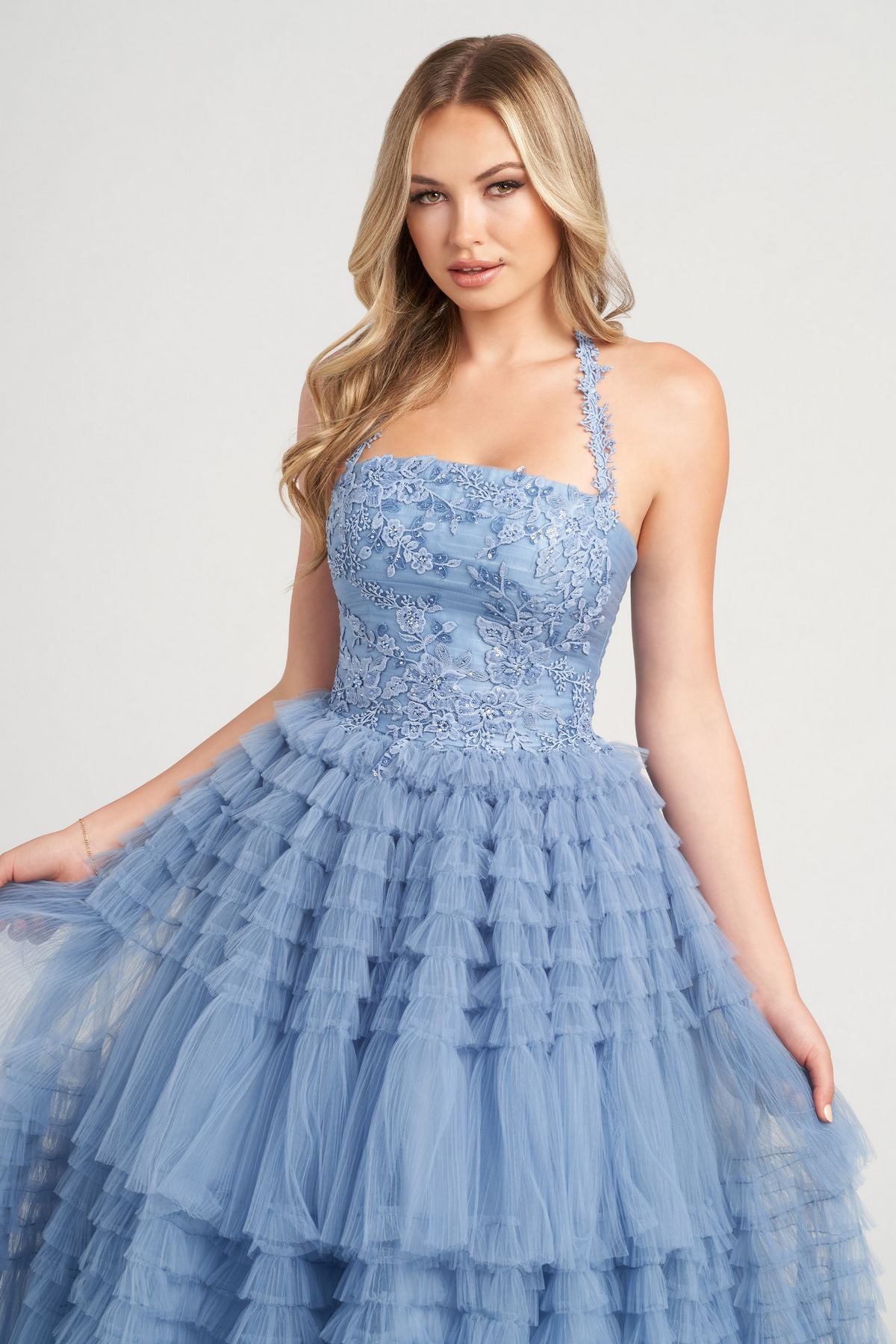 Prom Dresses layered Prom Long Halter Formal Ball Gown Dusty Blue