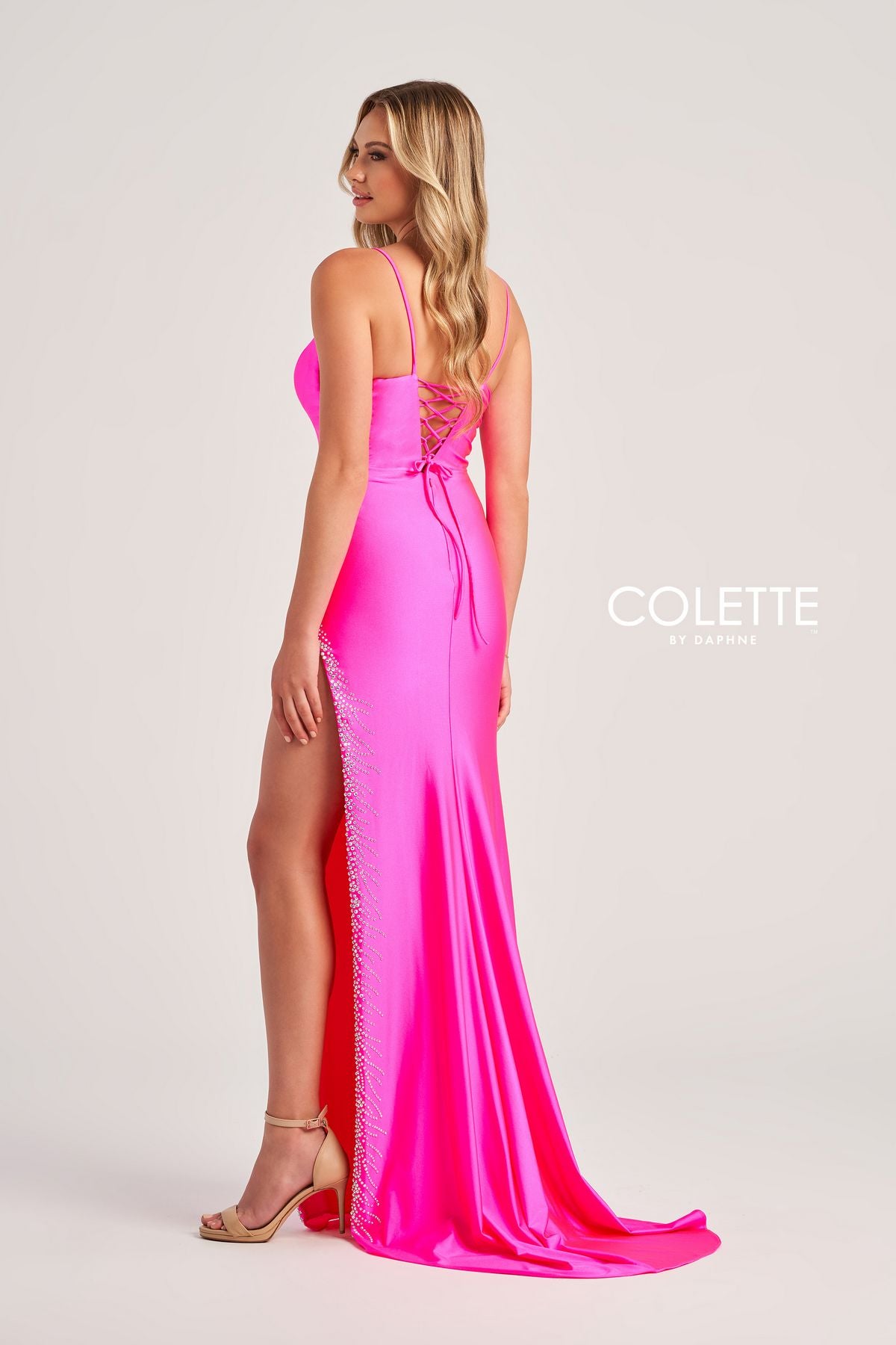 Prom Dresses Fitted Long Formal Stone Accents Prom Dress Neon Pink