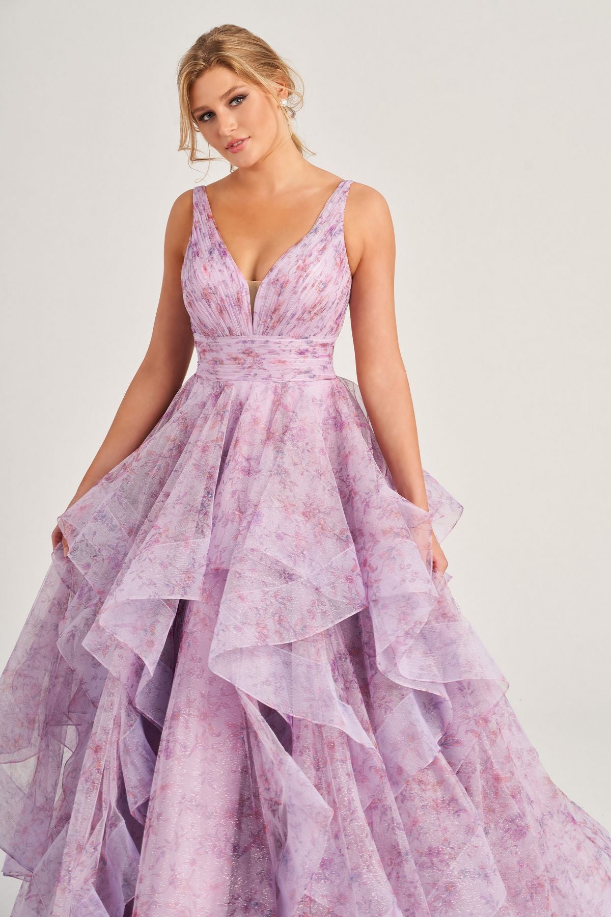 Prom Dresses Floral Glitter Long Prom Formal Ruffle Dress Light Purple/Multi