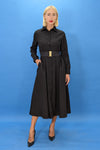 Cocktail Dresses Long Sleeve Button Down Wrap Belt Popcorn Midi Dress Black