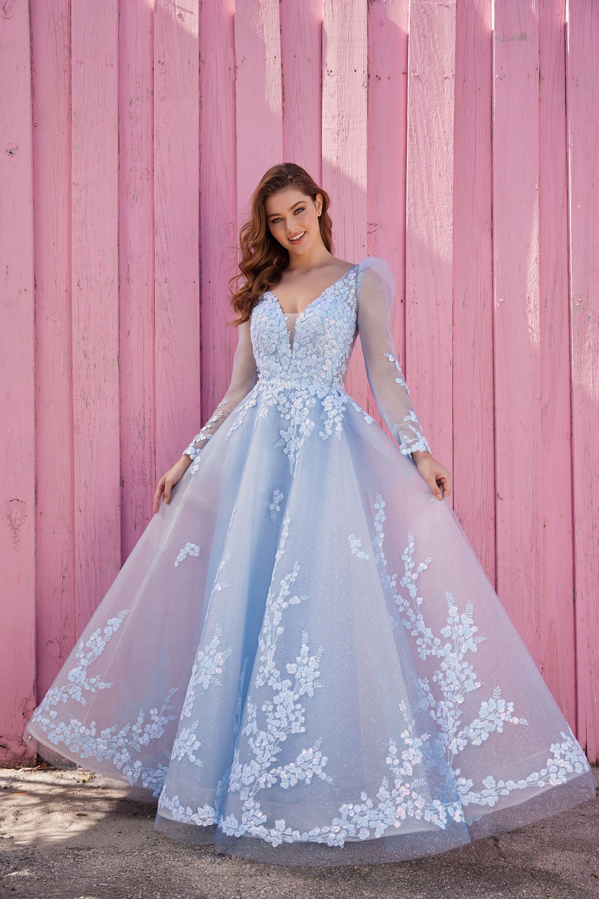 Prom Dresses Long Formal Prom Ball Gown with Detachable Sleeves Frost Blue