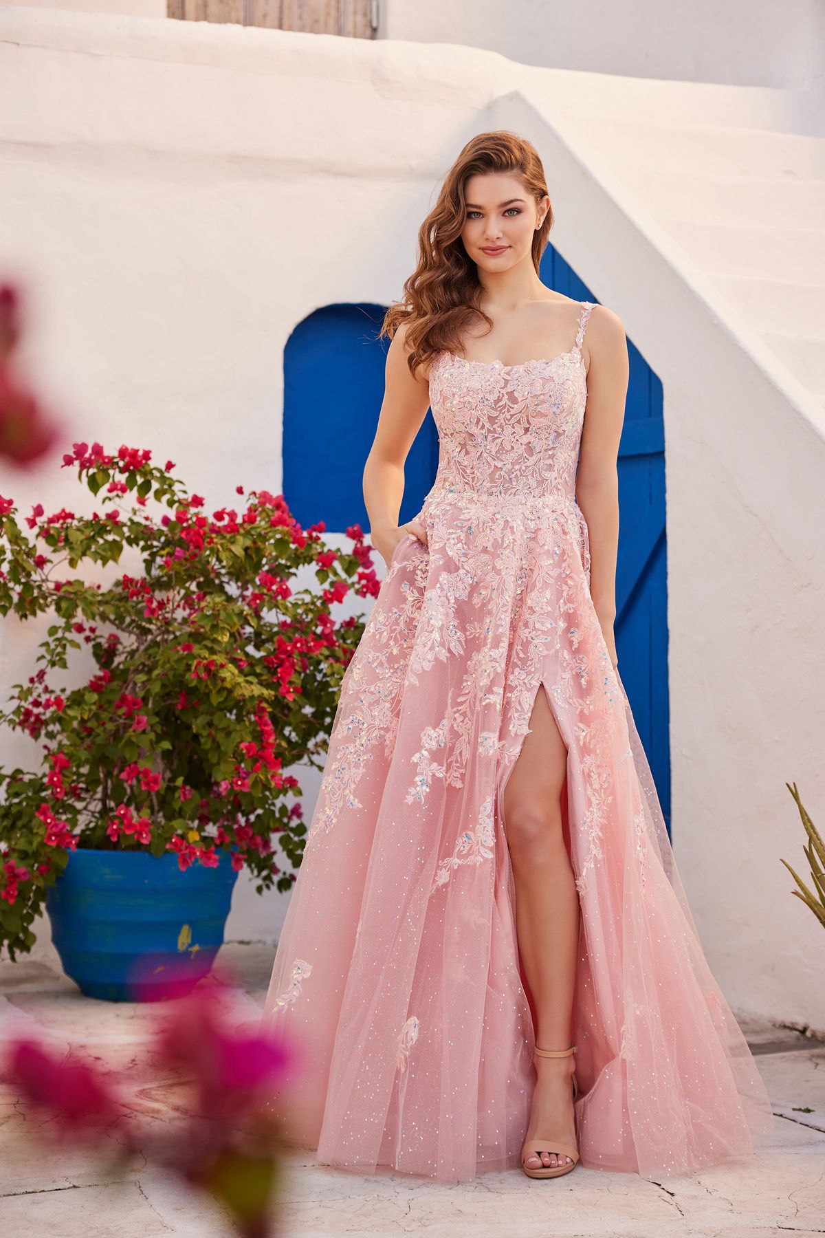 Prom Dresses Long Glitter Ball Gown Pocket Prom Dress Blush