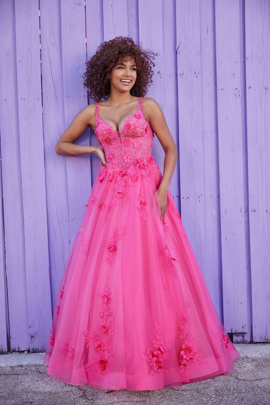 Prom Dresses Long Ball Gown Beaded Applique Prom Dress Flamingo Pink