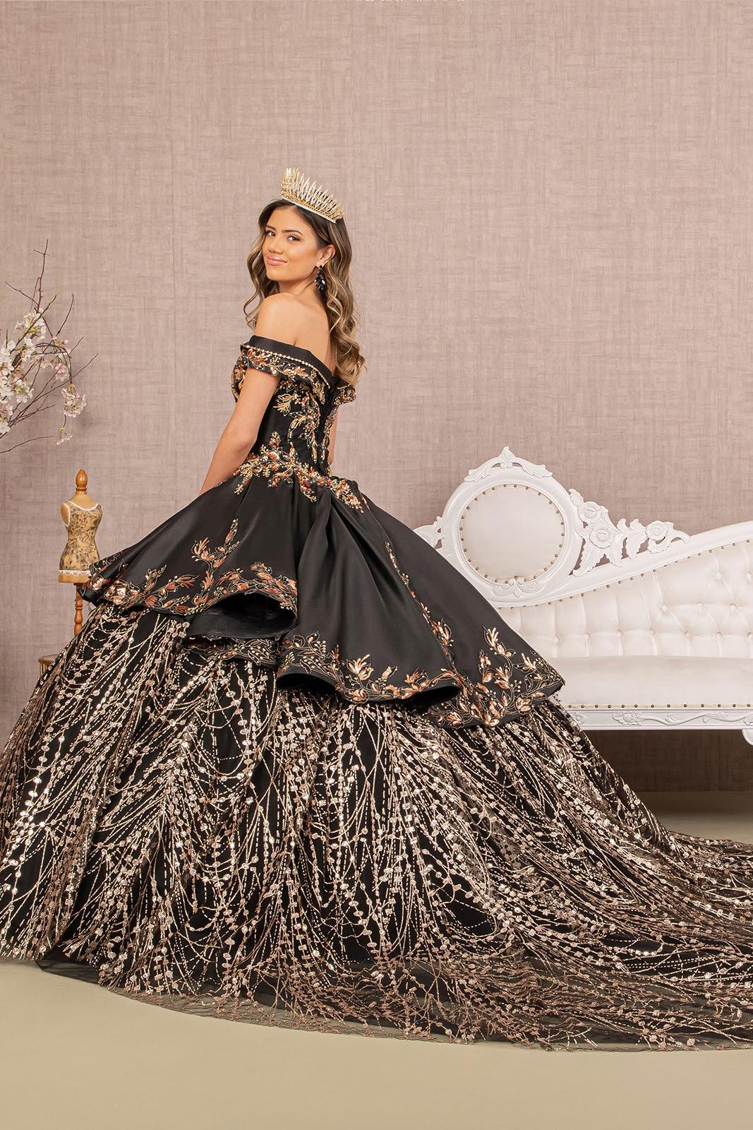 Quinceniera Dresses Long Quinceanera Satin Ball Gown Black/Gold